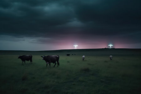 UFO, alien spacecraft with a blue beam of light, hovered over the field and farm. realistic illustration. Generative AIの素材