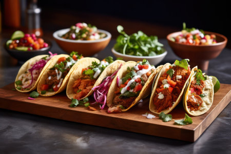 Traditional Mexican tacos with meat and vegetables on a wooden board served with sauces. Generative AIの素材