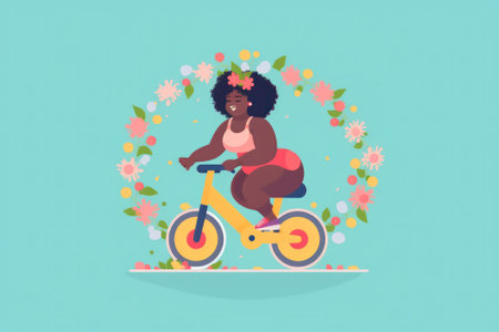 illustration plus size woman rides a bike .care for yourself and your health Generative AIの素材