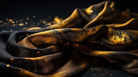 flying black and gold fabric on a black background.Generative AIの素材