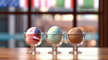 Assorted ice cream in balls with colors of the American flag in glass bowls on a wooden table against the backdrop of a cafe. Ice Cream Day. Generative AIの素材