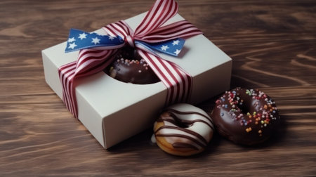 assortment of donuts with icing with the American flag pattern on the icing, in a box on a wooden table. Donut Day in the USA. Generative AIの素材