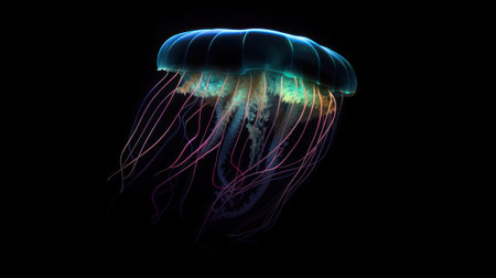 Glowing jellyfish swim deep in the blue sea. Jellyfish neon jellyfish fantasy on black background. Generative AIの素材