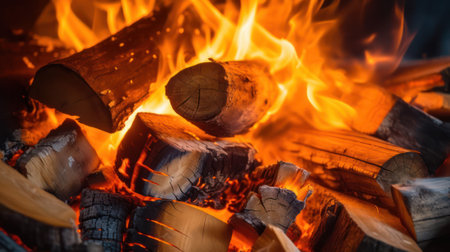 Burning tree log close-up as an abstract background. Hot coals of burning wood of a wood fire. Burning wood on the fireplace.The texture of the fiery coals of a campfire. smoldering fire.Generative AIの素材