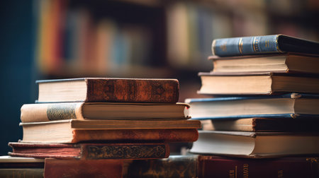 a stack of heaps of academic archive literary text or textbook in an old library on a reading table. Education learning concept. Generative AIの素材