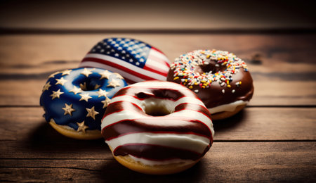 assortment of donuts with icing with the American flag pattern on the icing, on a wooden table . Donut Day in the USA. Generative AIの素材