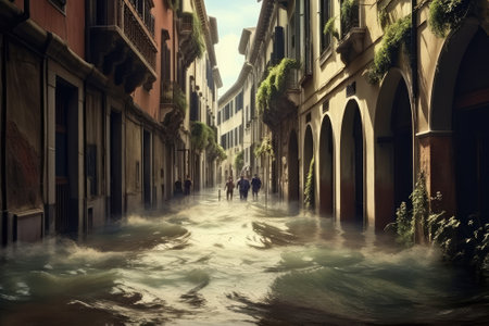 high water level on a city European street from a flood, after a downpour or an avalanche. The concept of natural disaster insurance and life and property insurance.Generative AIの素材