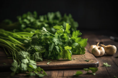 a bunch of parsley on a wooden board in the kitchen. .Generative AIの素材