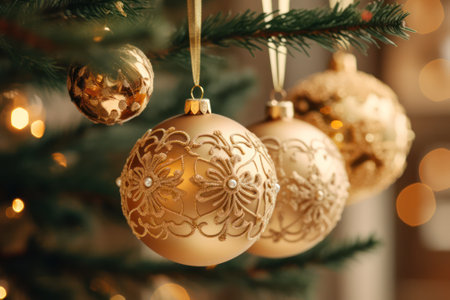 golden festive new year background or card with Christmas tree decorations with bokeh. Generative AIの素材