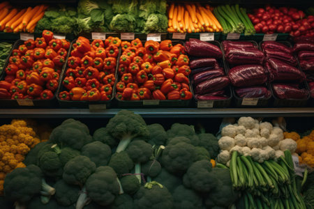 Fresh vegetables in the supermarket. different types of vegetables on the shelves. Generative AIの素材