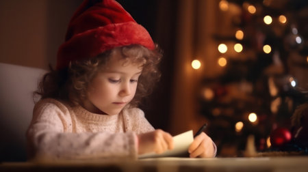 a girl write a letter to Santa Claus ordering gifts for Christmas. the concept of Christmas, celebration and happy childhood. Generative AIの素材