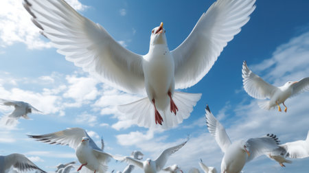 seagulls fly against the blue sky with clouds. Sea birds gracefully fly in the air. Generative AIの素材