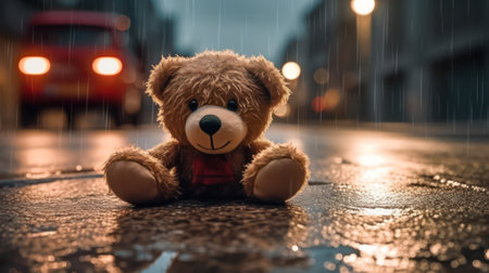 a small teddy bear on a wet slippery road after rain against the background of car headlights. danger on the road.car accident. life and health insurance concept. Generative AIの素材