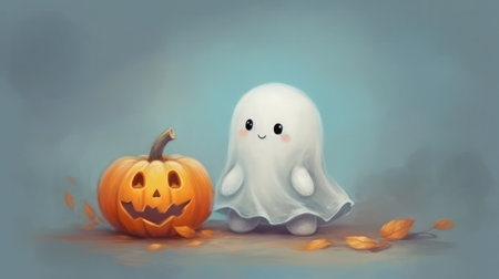 cute and funny ghost reading a book cute and funny ghost with pumpkin friend. halloweenの素材