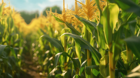 cornfield. even rows of corn on the farm. Generative AIの素材