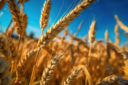 background golden wheat field under blue blue sky. Generative AIの素材