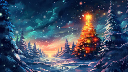 blue festive new year background or card with Christmas tree decorations with bokeh. Generative AIの素材