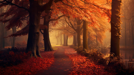Rows of trees lining long empty park path or footpath in the autumn fall. Generative AIの素材