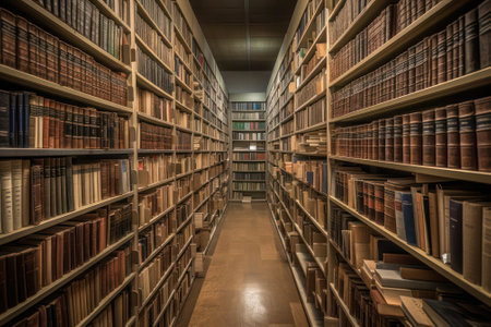 Bookshelves in the library. Large bookcase with lots of books. Library of the city or university. shop with bookcases. Cozy book background. Generative AIの素材