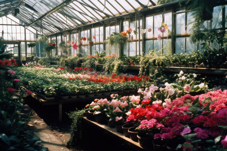 flowers in a closed glass greenhouse using technology. farming and productionの素材
