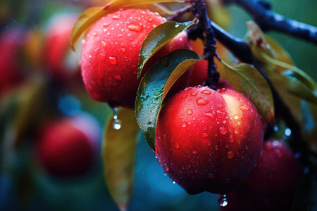 ripe plums on a branch after rain close-up. Generative AIの素材