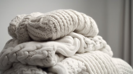 a stack of folded light knitted sweaters on a light background. Generative AIの素材