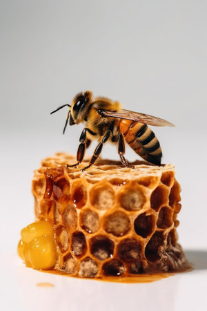 bees sit on a stack of honeycombs on a light background.Generative AIの素材
