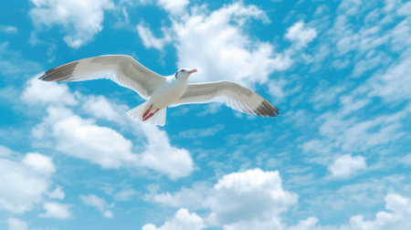 seagull fly against the blue sky with clouds. Sea bird gracefully fly in the air. Generative AIの素材