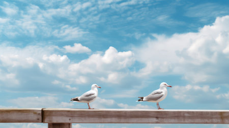 Portrait of a seagull on the seashore. Close view of a white seagull bird sitting on the beach. Wild seagull with natural blue background. Generative AIの素材