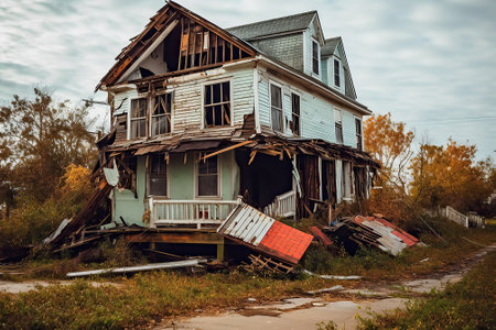 the house is destroyed by a hurricane on the seashore. storm, tornado, natural disaster. the concept of property insurance against accident and natural disaster.Generative AIの素材