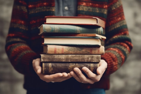the man is holding a heavy armful of books. The concept of learning, lifestyle. Generative AIの素材