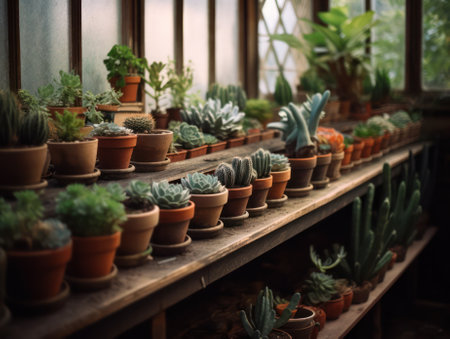 small cacti in pots on the shelves along the window in the greenhouse. Home gardening concept. Miniature succulents. indoor and ornamental plants in pots. plant care. Generative AIの素材