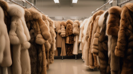 a large assortment of fur coats in a row on a hanger in the store. Womens fashion, natural fur clothing. Oversupply and Overproduction. Generative AIの素材