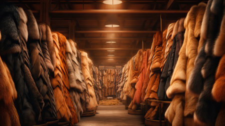 a large assortment of fur coats in a row on a hanger in the store. Womens fashion, natural fur clothing. Oversupply and Overproduction. Generative AIの素材