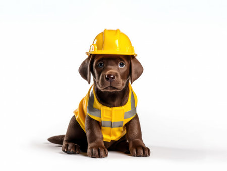 cute labrador puppy in builder clothes on white background. Generative AIの素材