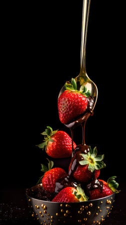 a slide of strawberries poured with hot chocolate on a black background. world chocolate day.Generative AIの素材