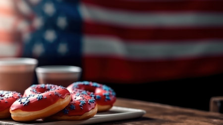 assortment of donuts with icing with the American flag pattern on the icing, on a wooden table against the background of the American flag. Donut Day in the USA. Generative AIの素材