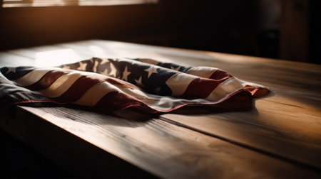 star striped flag of the USA on rough dark wooden surface with blank space for text. Generative AIの素材