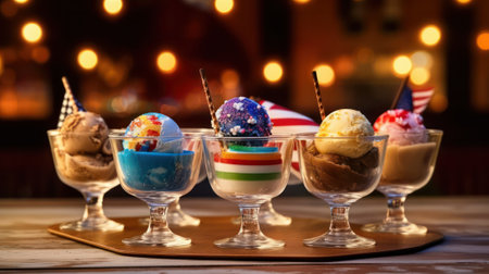 Assorted ice cream in balls with colors of the American flag in glass bowls on a wooden table against the backdrop of a cafe. Ice Cream Day. Generative AIの素材