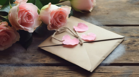 Love letter notebook and pink roses on a wooden table. concept of valentines day or holiday greetings.Generative AIの素材