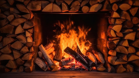 Burning tree log close-up as an abstract background. Hot coals of burning wood of a wood fire. Burning wood on the fireplace.The texture of the fiery coals of a campfire. smoldering fire.Generative AIの素材