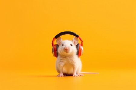 cute little mouse in headphones on a yellow background. copy space. postcard. place for your text.Generative AIの素材