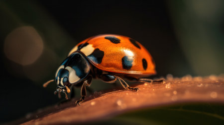 Macro image of a ladybug sitting on a leaf. Generative AIの素材