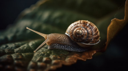 close-up of a snail slowly crawling on a leaf. Generative AIの素材