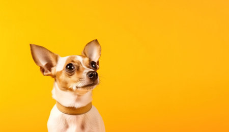 Portrait of a dog on a yellow background copy space postcard place for your text. Generative AIの素材