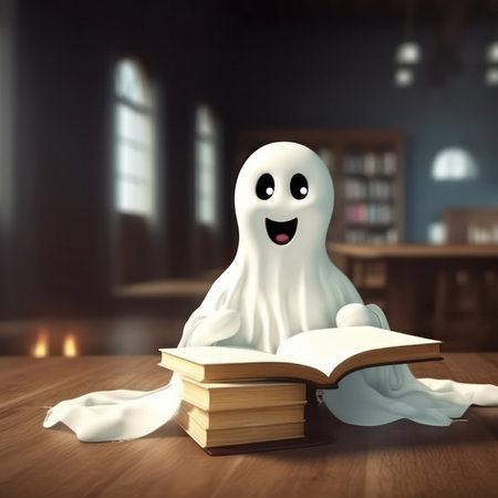 cute and funny ghost reading a book .Generative AIの素材