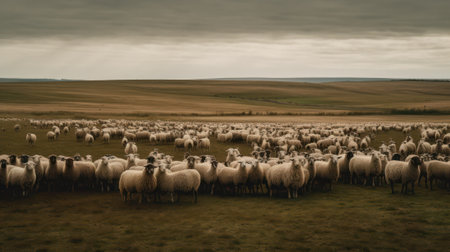 herd of sheep grazing in the meadow farms. Generative AIの素材
