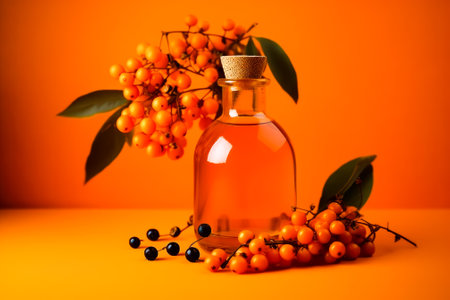 Sea buckthorn oil in a bottle on a orange background, space for text, wallpaper. Generative AIの素材