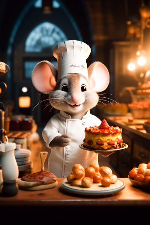 Cute chef mouse confectioner holds a cake in his hands at the kitchen. Generative AIの素材