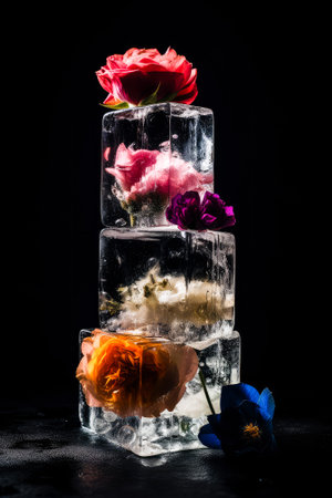high stack of different ice cubes with flowers inside on a black background. Generative AIの素材
